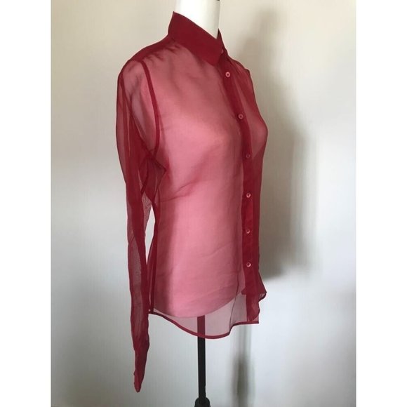 HELMUT LANG Long Sleeve Sheer Silk Organza Button Up Shirt Womens Size Small Red - Picture 5 of 10